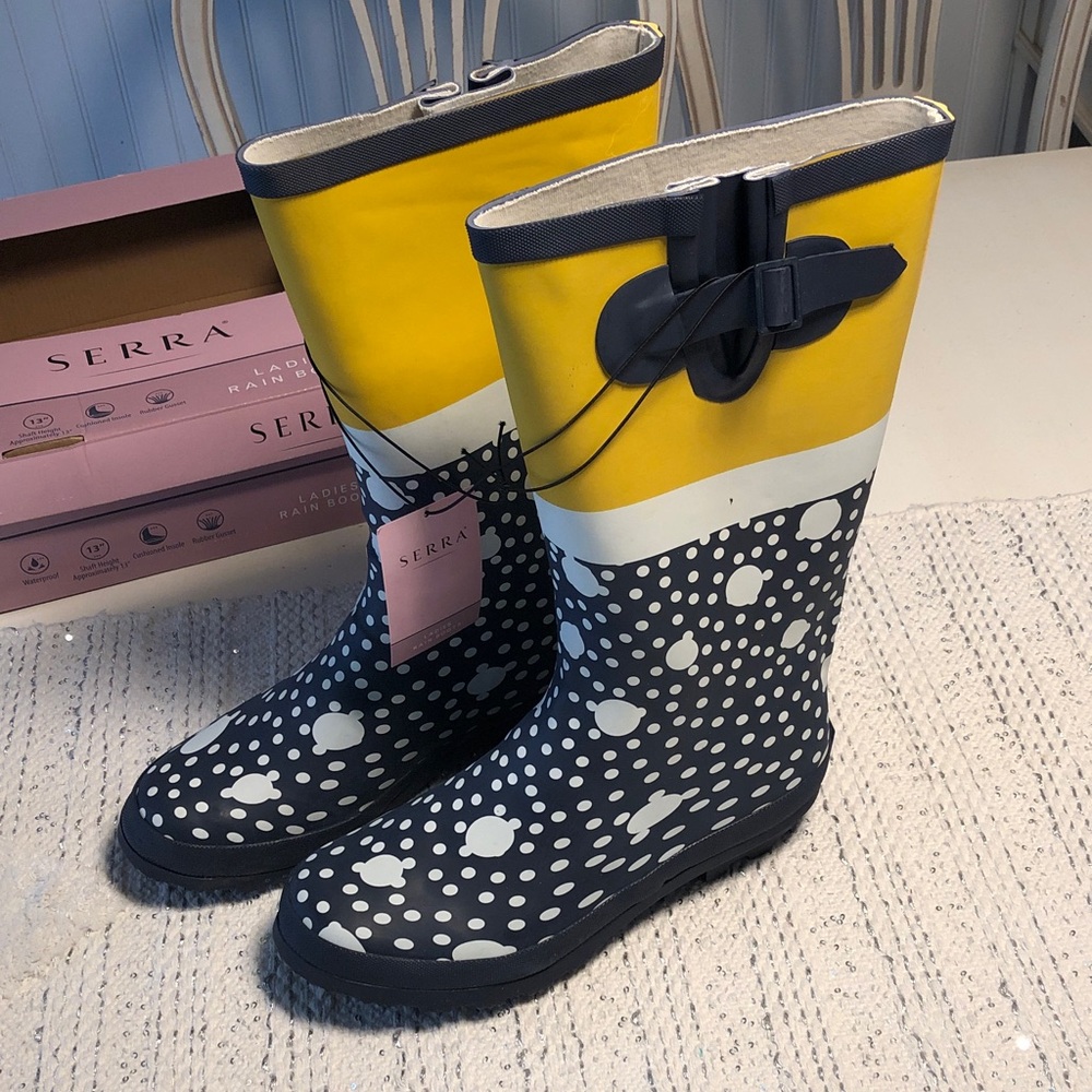 Serra Yellow & Navy blue Polka Dot Ladies' Rain rubber Boots - Picture 4 of 14